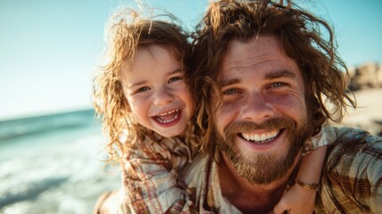 Fototapeta premium A beaming father and his cheerful child share a joyful moment at the beach, surrounded by waves, capturing the essence of love and family connections in life's simple pleasures.
