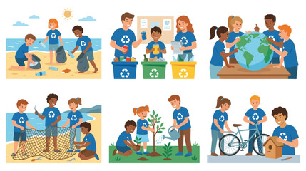 Fototapeta premium Eco friendly activities for people clean up beach recycle plant tree flat cartoon.