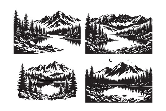Black and white mountain lake scenery illustrations
