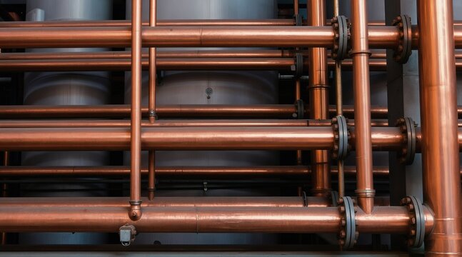 Copper pipes crisscross inside building. Industrial plumbing system connects water and gas supply lines. Metallic tubes form complex network for fluid distribution.