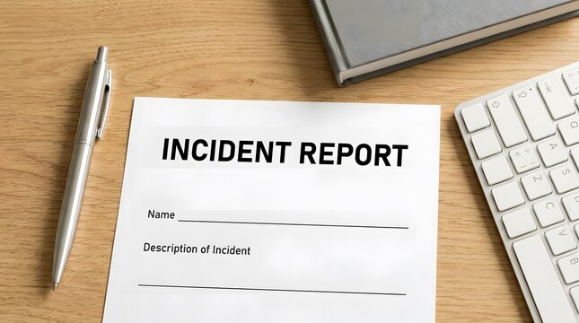 Incident Report Form Document on Wooden Desk with Pen and Keyboard Office Workplace Safety Paperwork Concept Photography