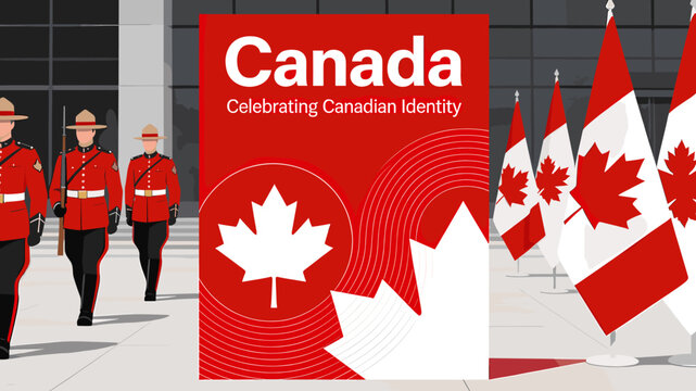 Canadian Mounties in ceremonial uniform stand guard beside Canadian flags and a large display celebrating Canadian identity.