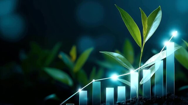 Digital illustration of green investment growth concept with glowing leaves and rising bar chart arrow on dark blue background, sustainable economics, ecological finance