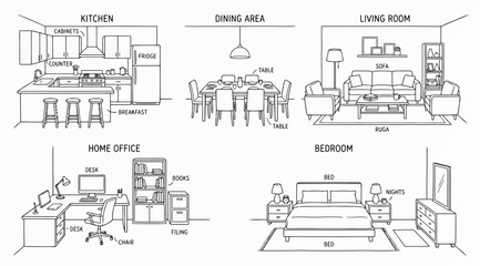 Obraz premium Set of interior rooms with furniture and home appliances