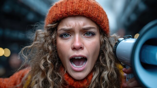 A passionate young activist shouts through a megaphone during a protest, embodying the spirit of empowerment and the drive for social change within a vibrant community atmosphere.
