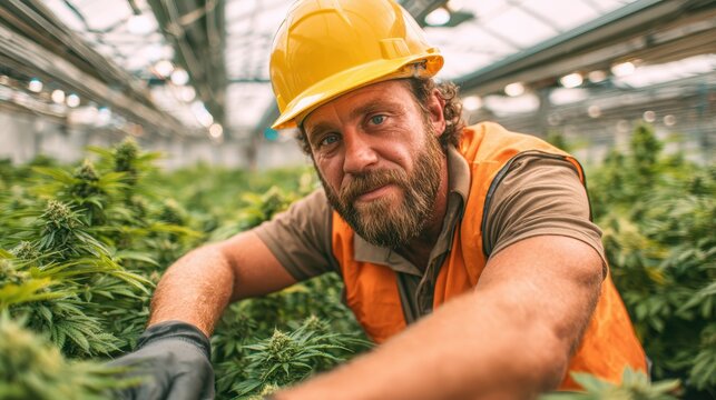 A dedicated worker in a greenhouse lovingly tends to cannabis plants, emphasizing the intersection of agriculture, work ethic, and the burgeoning cannabis industry in a nurturing environment.