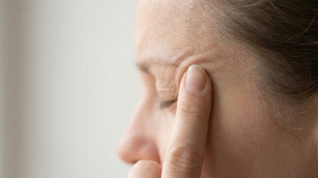 Close up side view of a woman's face with a finger touching her forehead wrinkles