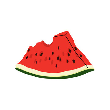 A triangular slice of bitten watermelon. A cut piece of watermelon. A piece of watermelon with teeth marks. The core of a juicy, ripe watermelon. Vector illustration on a white background.