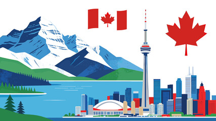 Naklejka premium Stylized illustration of Canadian landscape and city, featuring majestic mountains, a serene lake, Toronto skyline with CN Tower, and national symbols.