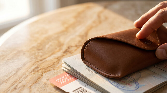 Brown sunglasses case resting on travel documents on marble table  
