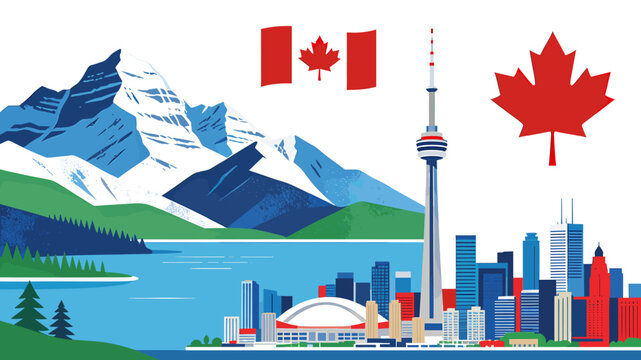Stylized illustration of Canadian landscape and city, featuring majestic mountains, a serene lake, Toronto skyline with CN Tower, and national symbols.
