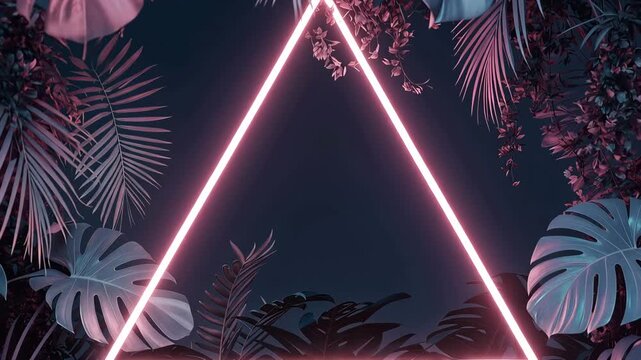 Neon triangle frame surrounded by tropical leaves in dark moody lighting border