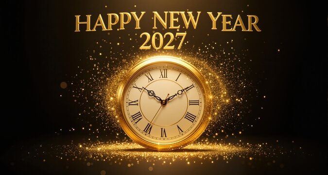 Happy New Year 2027 Countdown Concept. Gold Clock at Midnight with Glitter Sparkles. Luxury Holiday Celebration and Party Background.
