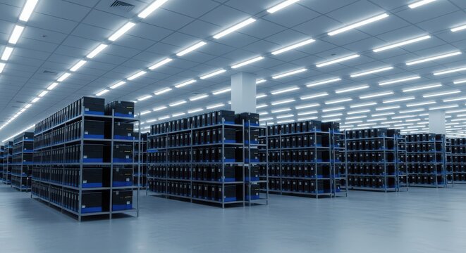 Rows of server racks in a modern data center facility