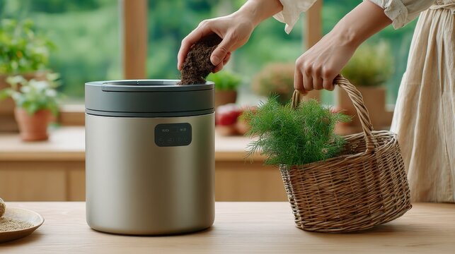 Woman adds organic compostable food scraps to a kitchen electric composter for sustainable waste management