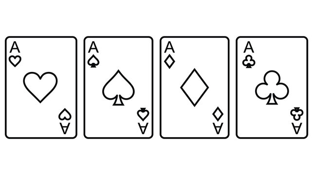 Set of four outline playing card aces with classic suits in monochrome art.