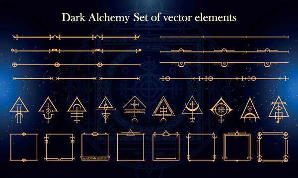 Set of Dark Fantasy Elements for user interface, poster, video. Alchemy magic HUD. Template for rpg game interface. Vector Illustration EPS10