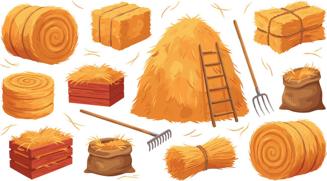 Hay Bale and Farm Harvest Illustration Set with Straw Stacks, Haystack, Rake, Ladder, and Agricultural Storage Elements for Rural Designs
