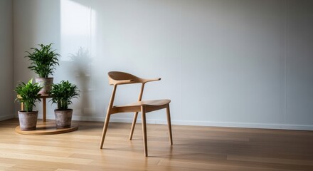 Fototapeta premium Modern wooden chair, minimalist interior, empty room, plants on wooden stand, home decor