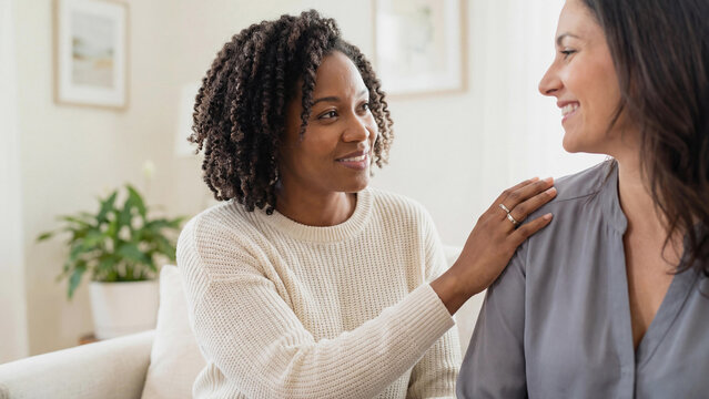 Two adult women talk and support each other at home, showing empathy and trust. Multicultural friendship, emotional connection, care, mental health, communication and comfort indoors.
