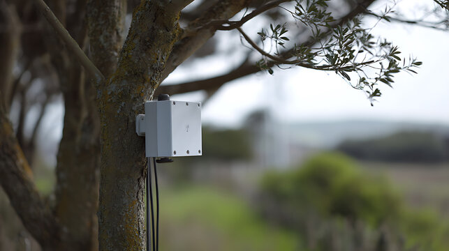 White rectangular sensor device with wires mount on a tree trunk in an outdoor natural environment, green foliage and blurred background