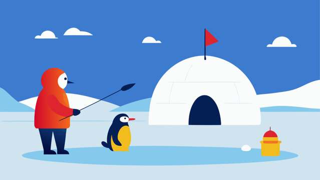 Penguin fishing near an arctic igloo home