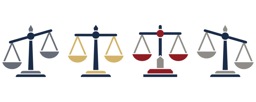 Set of four justice balance scales with varied visual weights and colors.
