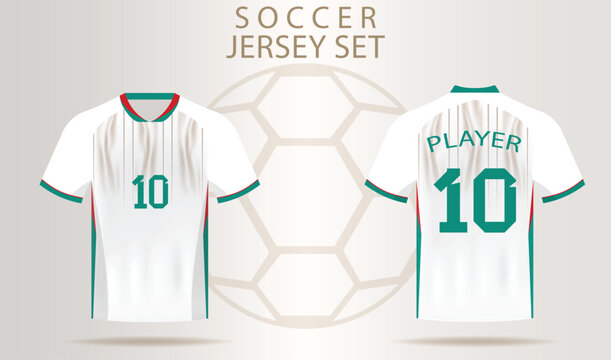 White soccer jersey set with green and red accents and number 10 on both sides