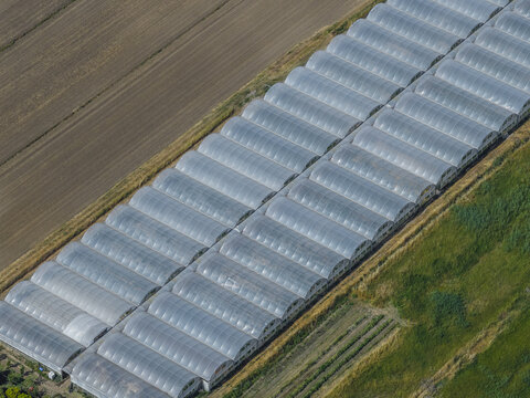 Aerial view of long rows of industrial greenhouses situated between a cultivated brown field and green vegetation in Paestum, Campania, Italy.