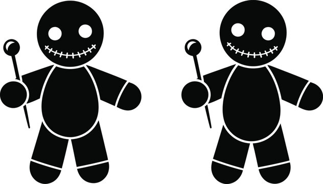 Voodoo Doll Cartoon Icons &ndash; Creepy Halloween Puppet Black Silhouette Design Set
