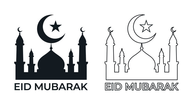 mosque and crescent moon silhouette with eid mubarak text