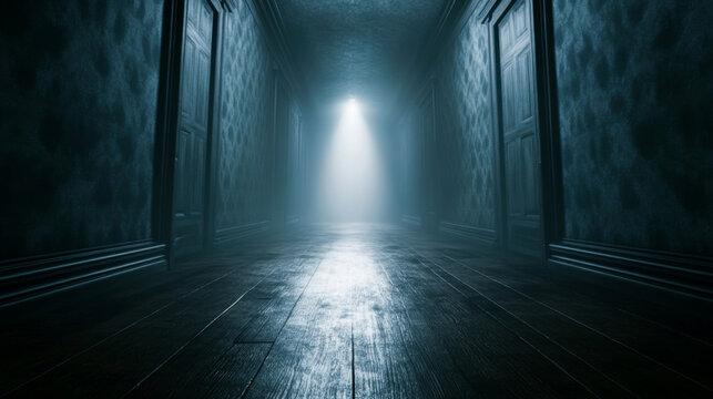 Dark eerie corridor with mysterious light at the end of a haunted hotel hallway for horror and cinematic suspense concepts