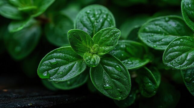 Close-up Macro shot of fresh green oregano leaves with water droplets, highlighting natural texture and vibrant color