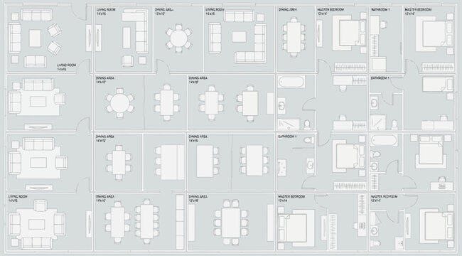Architectural floor plan with furniture layout for apartment top view of various rooms including living room, dining area, master bedroom, and bathroom interior design schematic plan