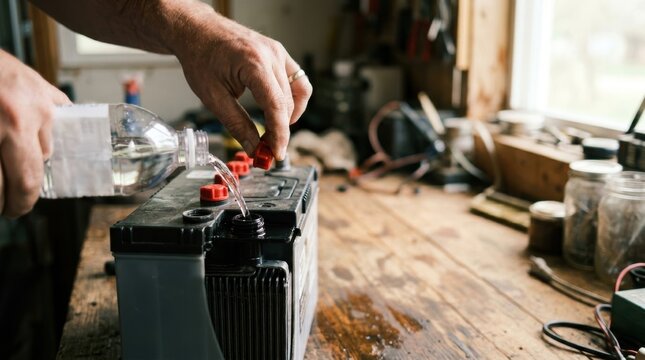 A person carefully pours water into a car battery in a workshop setting