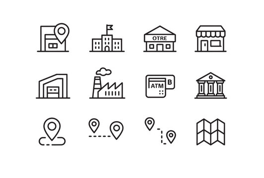 Set of simple line icons representing various urban buildings and navigation map markers