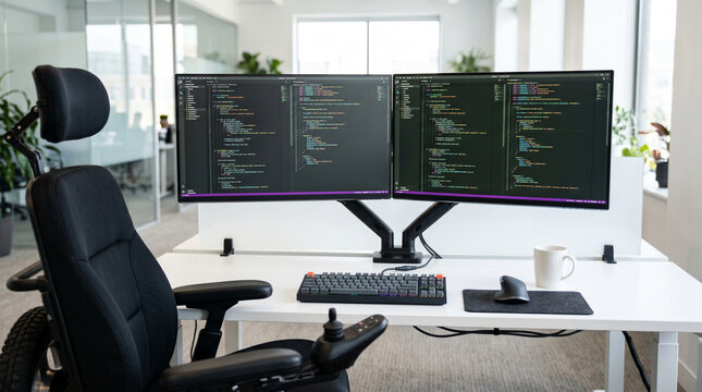 modern office workspace with dual monitors displaying code and ergonomic wheelchair