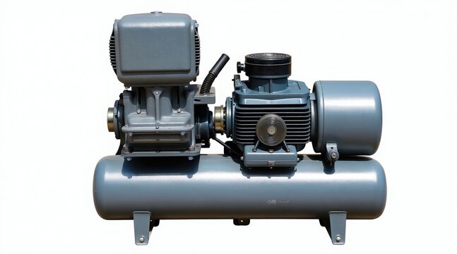 Grey electric air compressor with tank and motor. Portable device for pneumatic tools. Industrial equipment for work, maintenance, and construction.
