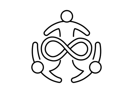 Icono de tres figuras humanas en c&iacute;rculo rodeando un s&iacute;mbolo de infinito con trazo lineal negro