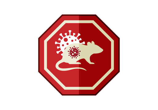 Se&ntilde;al octogonal de advertencia con silueta de rat&oacute;n y s&iacute;mbolos de virus de hantavirus