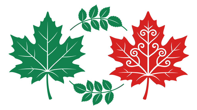 Two stylized maple leaves, one green and one red, are connected by a circular arrangement of small green leaves, symbolizing nature and unity.