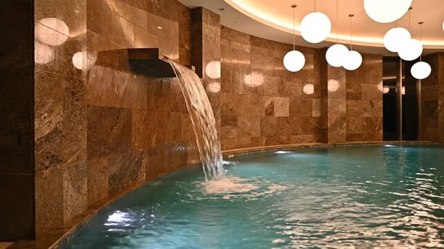 Luxury indoor swimming pool with waterfall and globe pendant lights