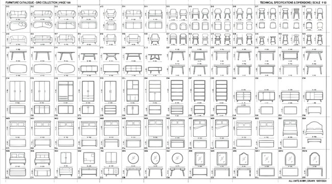 Furniture catalogue technical specifications and dimensions grid collection
