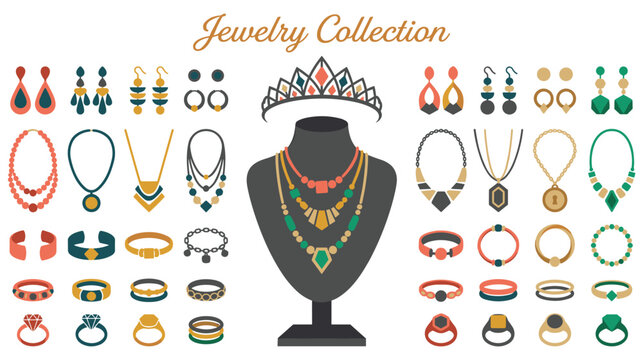 Colorful jewelry collection featuring various necklaces and rings on display.