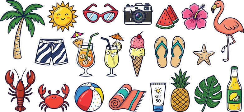 summer themed doodle set on a white background