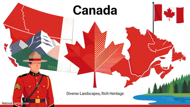 Illustration of Canada featuring a Mountie, maple leaf, map outlines, and diverse landscapes.