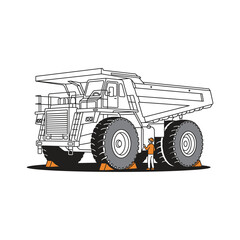 Minimalist line art illustration of a large mining dump truck parked with wheel chocks installed © rahmat