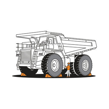 Minimalist line art illustration of a large mining dump truck parked with wheel chocks installed