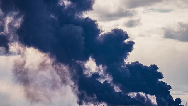 Massive plume of thick black smoke from a rubber factory fire rising into the sky, representing a dangerous environmental disaster causing air pollution, timelapse 