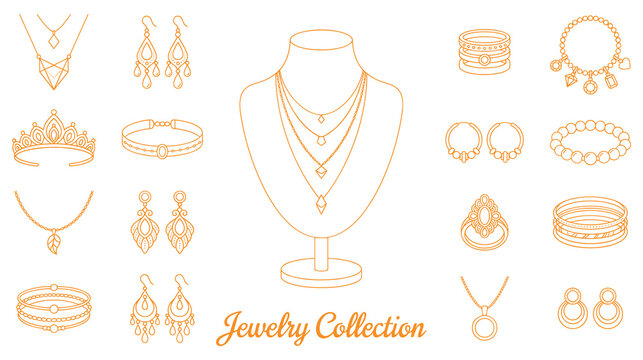 Collection of various line art jewelry pieces and accessories displayed.